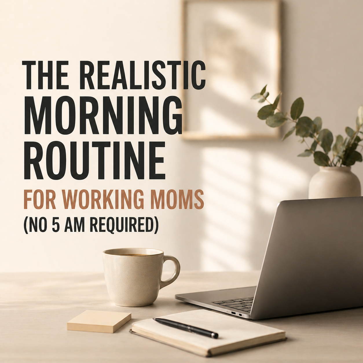 Minimal workspace with laptop, coffee mug, and notebook representing a realistic morning routine for working moms