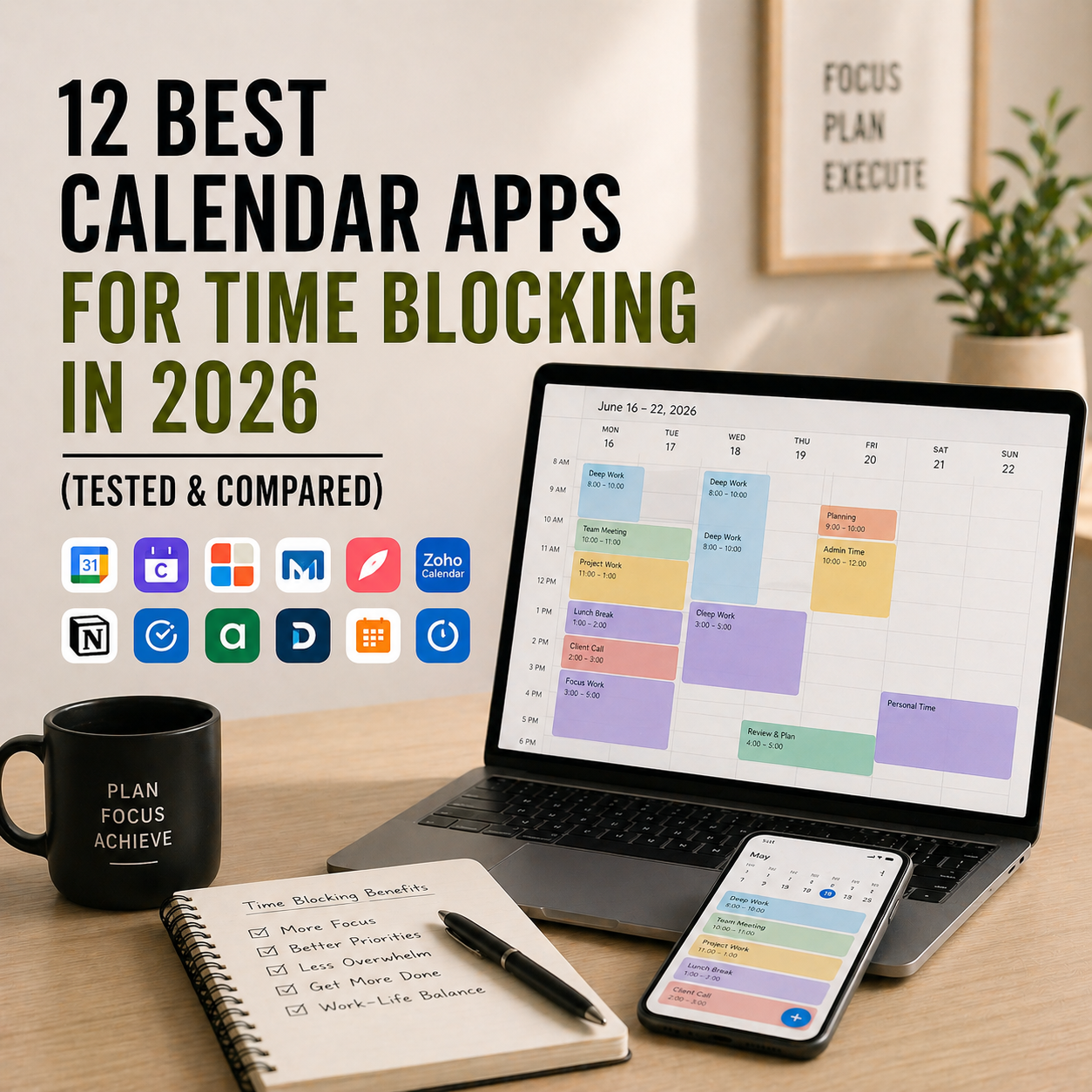 Minimal workspace with laptop showing calendar schedule, notebook, and coffee representing time blocking apps