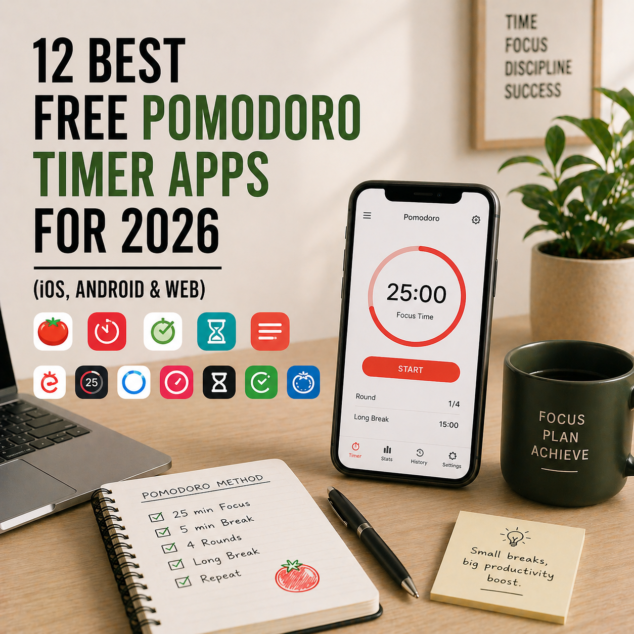Minimal workspace with digital timer, smartphone, and notebook representing Pomodoro timer apps for productivity
