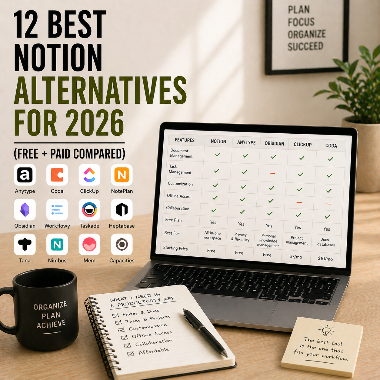 Minimal workspace with laptop showing productivity app comparison, notebook, and coffee representing Notion alternatives