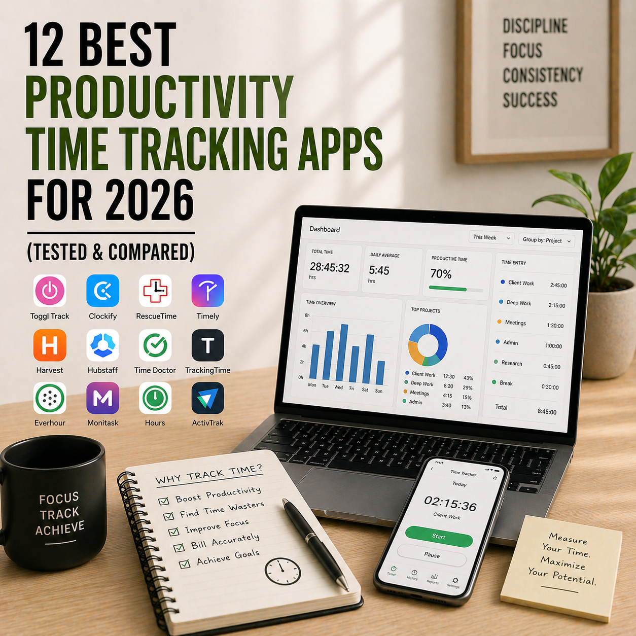 Minimal workspace with laptop showing time tracking dashboard, smartphone timer, and notebook representing productivity tracking apps