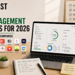 Minimal workspace with laptop showing productivity dashboard, notebook checklist, and clock representing time management tools