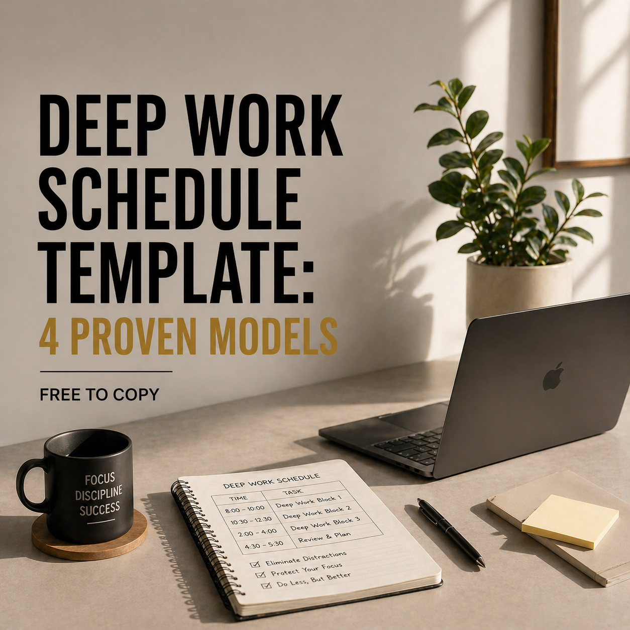 Minimal workspace with notebook showing a structured deep work schedule alongside a laptop and coffee