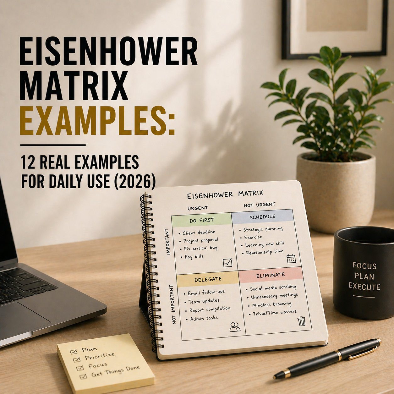 Minimal workspace with notebook showing an Eisenhower Matrix alongside a laptop and coffee mug for task prioritization