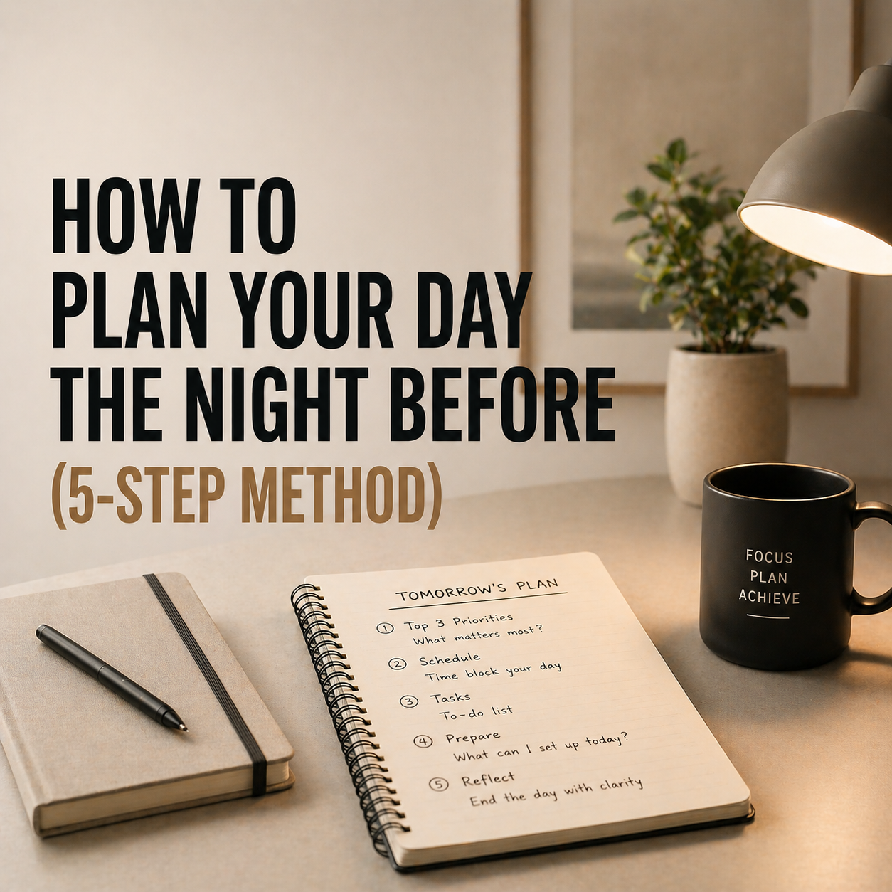 Minimal workspace with notebook showing a next-day plan, pen, coffee mug, and desk lamp representing planning your day the night before