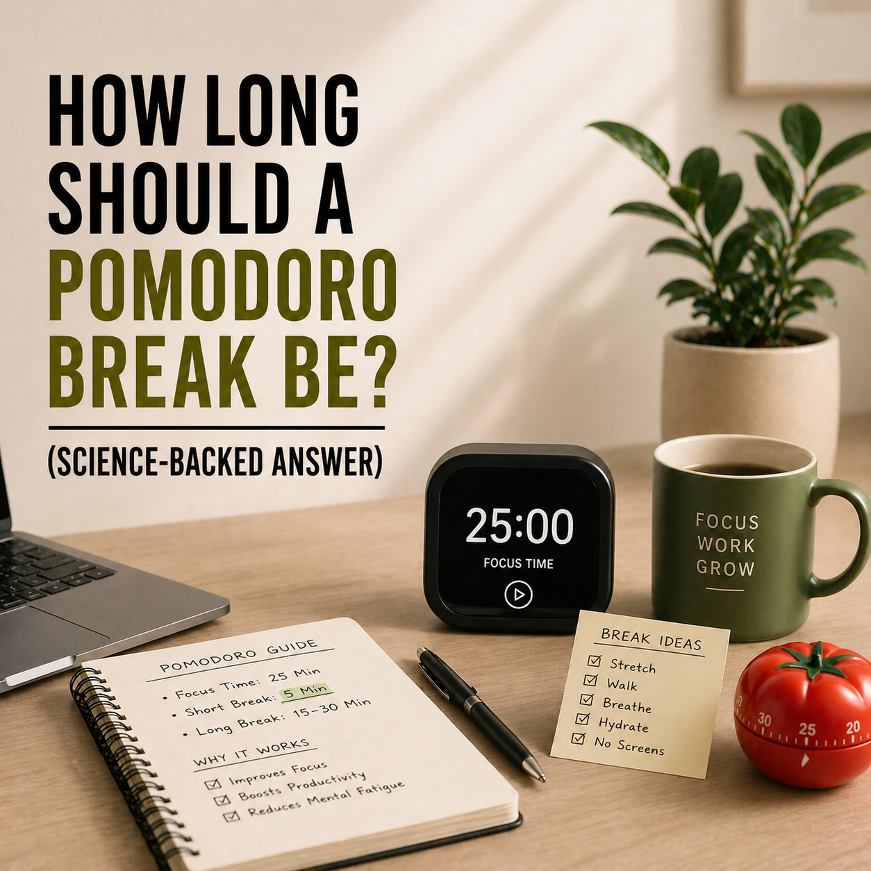Minimal workspace with timer, notebook showing Pomodoro schedule, coffee mug, and plant representing ideal Pomodoro break length
