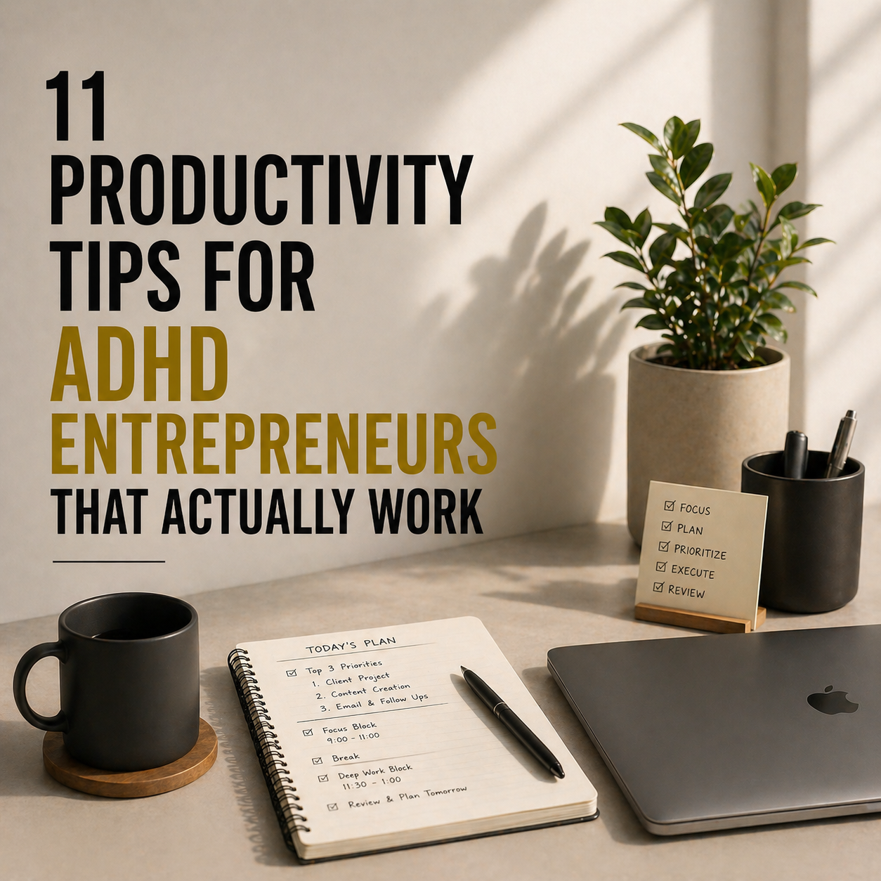 Minimal workspace with laptop, notebook checklist, and coffee representing productivity tips for ADHD entrepreneurs