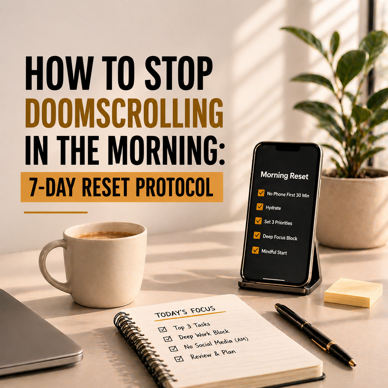 Minimal workspace with smartphone, notebook morning plan, and coffee representing how to stop doomscrolling and build a focused morning routine