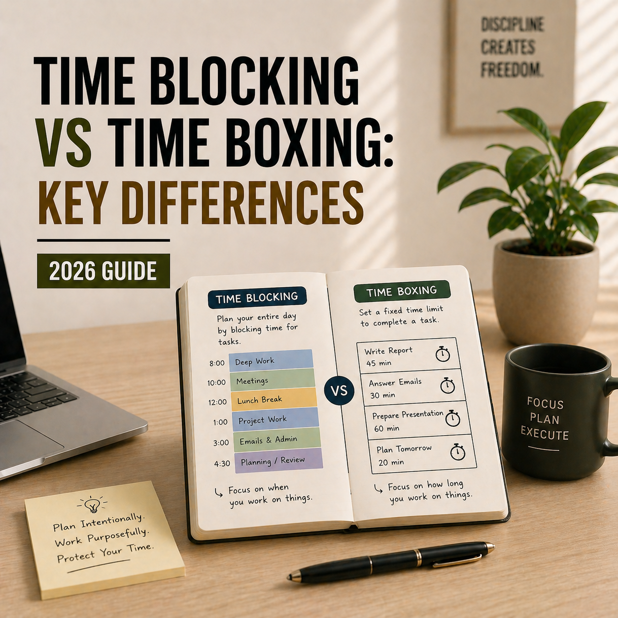 Minimal workspace with notebook showing time blocking and time boxing schedules alongside laptop and coffee mug